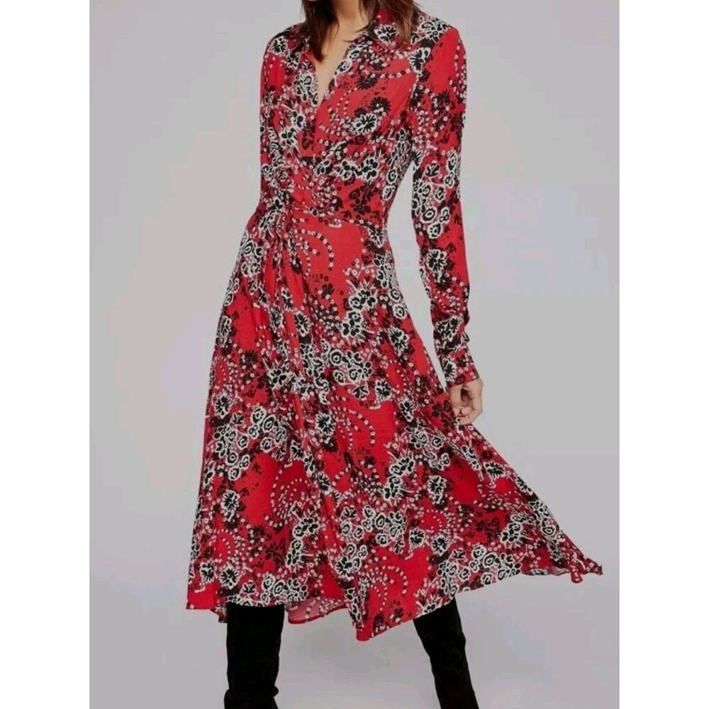 Free People Tough Love Shirtdress Midi Dress Red Front Twist Size 4 Boho Floral